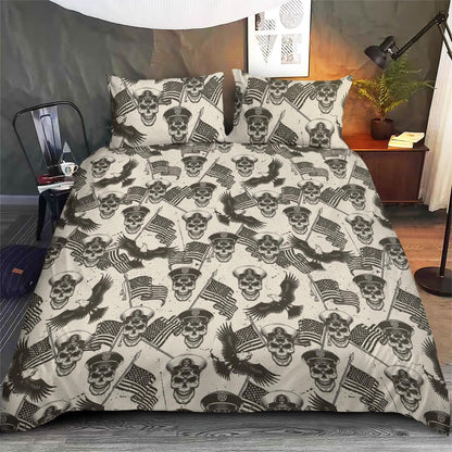 Veteran Bedding Set Military Skull And Flag Pattern Vintage Duvet Covers Black Unique Gift