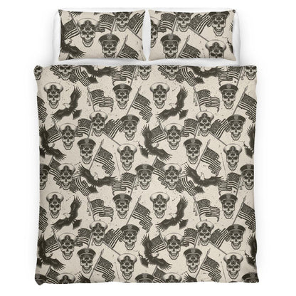 Veteran Bedding Set Military Skull And Flag Pattern Vintage Duvet Covers Black Unique Gift