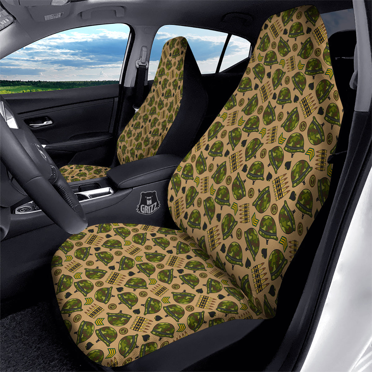 Veteran Car Seat Covers Military Helmet Peace Sign Pattern Seat Covers Green