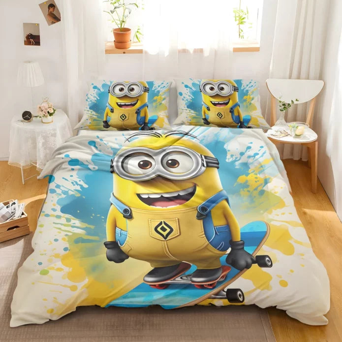 Minions Bedding Set Minion On Skateboard Graphic Duvet Covers Yellow Blue Unique Gift