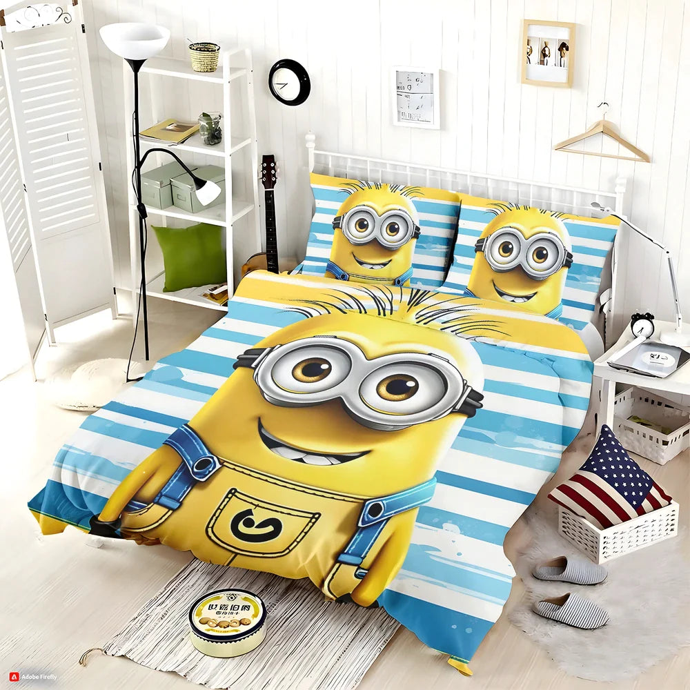 Minions Bedding Set Funny Minions Jerry Graphic Duvet Covers Yellow Blue Unique Gift