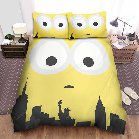 Minions Bedding Set Minion Face City Silhouette Duvet Covers Yellow Black Unique Gift