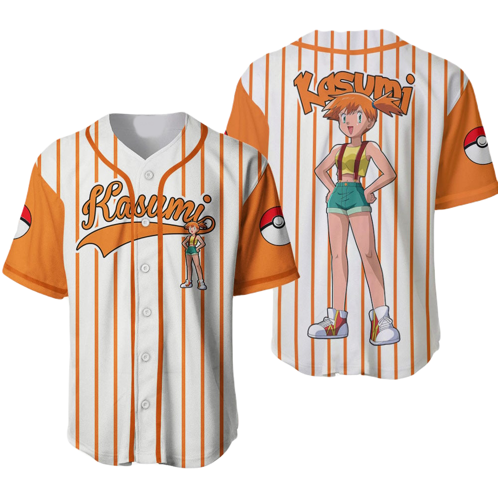 PKM Baseball Jersey PKM Trainer Misty Kasumi Graphic Jersey Shirt Orange White Unisex