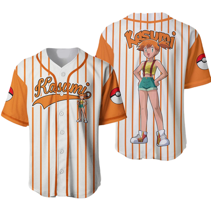 PKM Baseball Jersey PKM Trainer Misty Kasumi Graphic Jersey Shirt Orange White Unisex