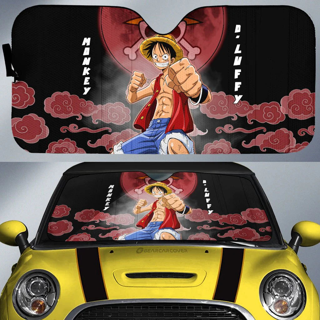 One Piece Car Sun Shade Monkey D Luffy Cloud Pattern Winshield Sun Shade Black Red