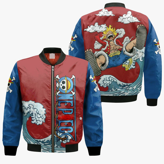 One Piece Bomber Jacket Luffy Gear 5 Nika Great Wave Pattern Bomber Blue Red Unisex