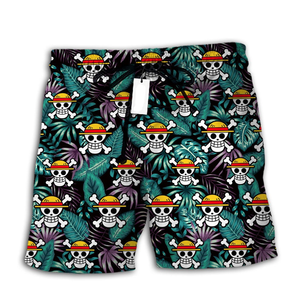 One Piece Shorts Straw Hat Jolly Roger Tropical Pattern Beach Shorts Black Green