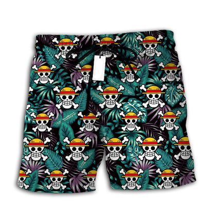 One Piece Shorts Straw Hat Jolly Roger Tropical Pattern Beach Shorts Black Green