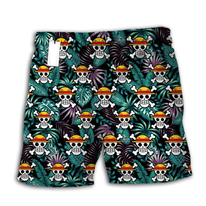 One Piece Shorts Straw Hat Jolly Roger Tropical Pattern Beach Shorts Black Green