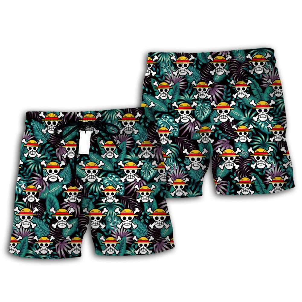 One Piece Shorts Straw Hat Jolly Roger Tropical Pattern Beach Shorts Black Green