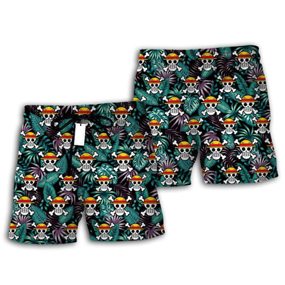 One Piece Shorts Straw Hat Jolly Roger Tropical Pattern Beach Shorts Black Green