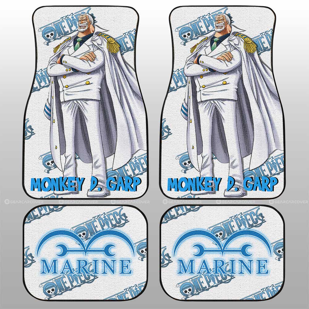 One Piece Car Mats Monkey D Garp Graphic Jolly Roger Marine Symbol Car Floor Mats White Blue