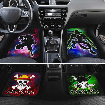 One Piece Car Mats Luffy And Zoro Silhouette Jolly Roger Symbols Galaxy Car Floor Mats Red Green