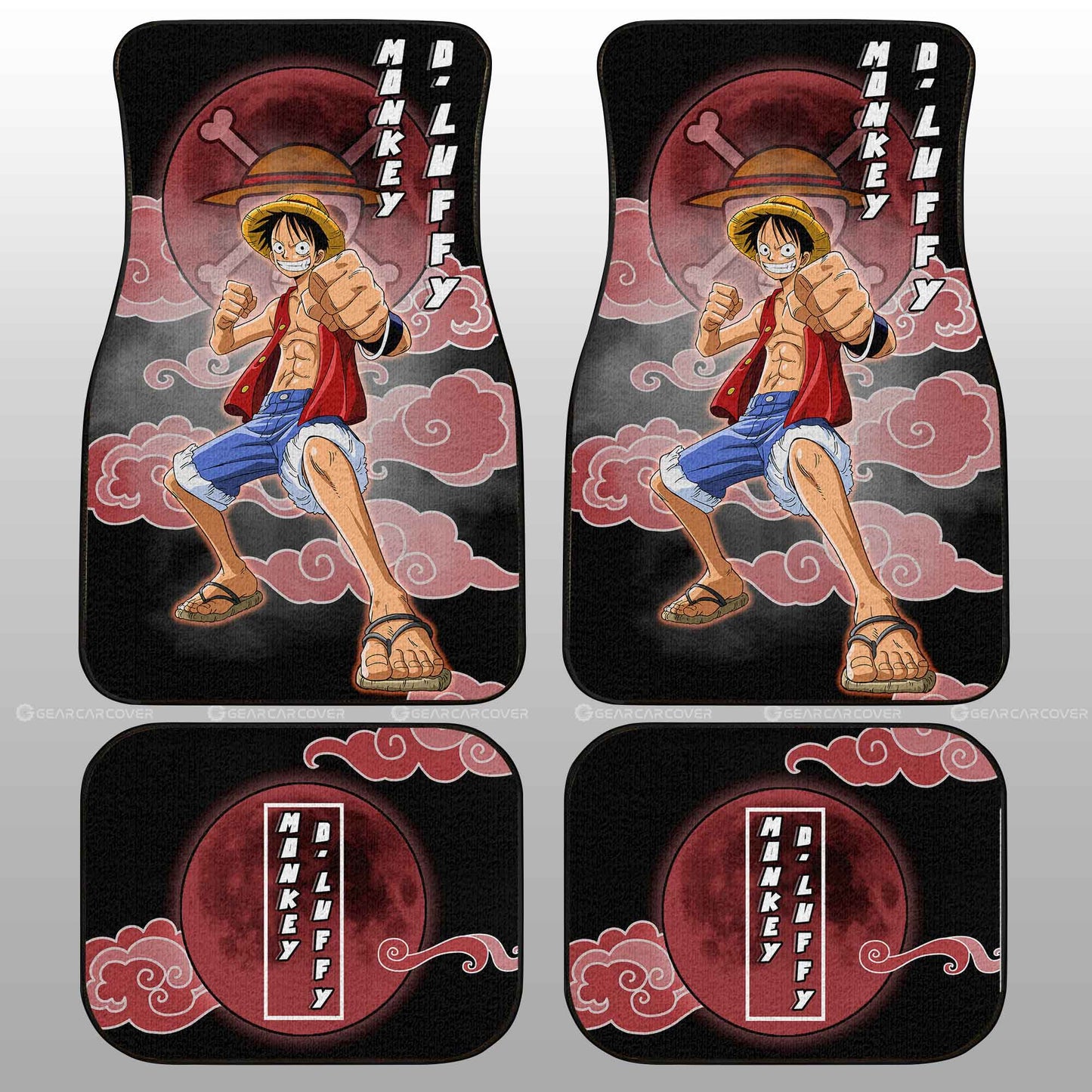 One Piece Car Mats Luffy Fighting Pose Cloud And Moon Pattern Car Floor Mats Black Red
