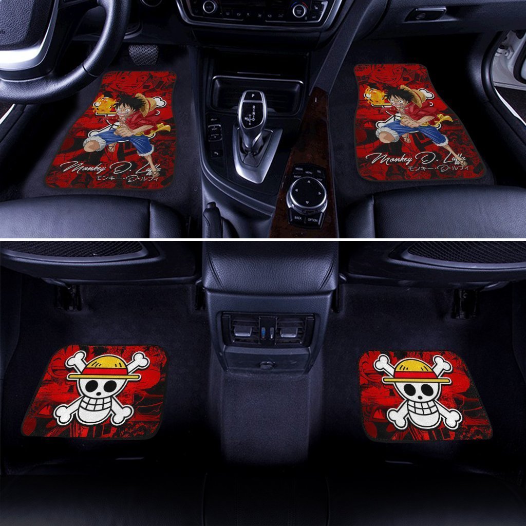 One Piece Car Mats Monkey D Luffy In Action Manga Pattern Jolly Roger Symbol Car Floor Mats Red