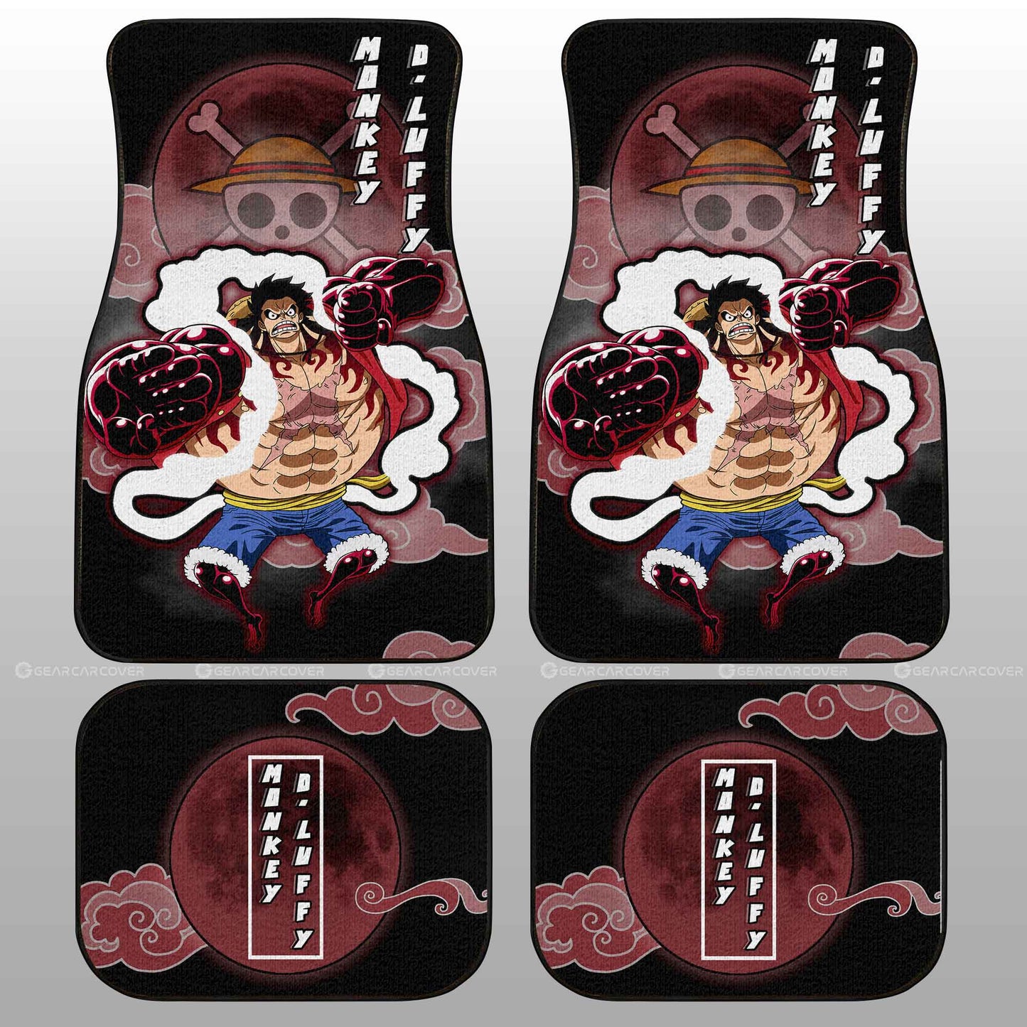 One Piece Car Mats Monkey D Luffy In Transformation Cloud And Moon Pattern Car Floor Mats Black Red