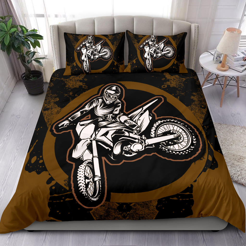 Motorcycle Bedding Set Motocross Biker Silhouette Pattern Duvet Covers Black Brown Unique Gift