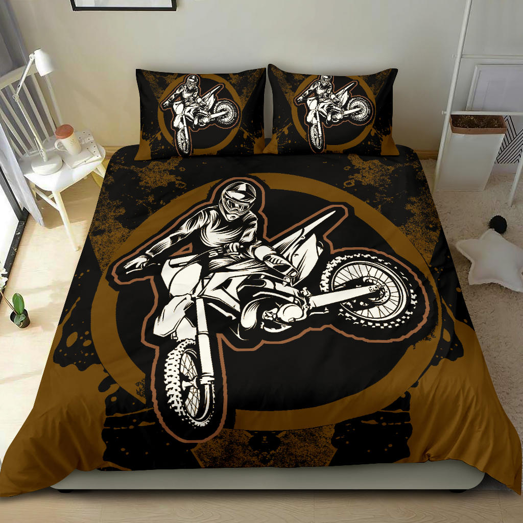 Motorcycle Bedding Set Motocross Biker Silhouette Pattern Duvet Covers Black Brown Unique Gift