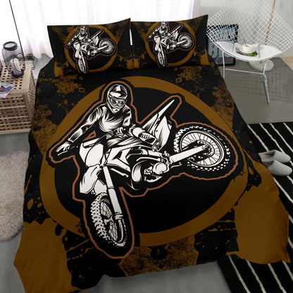 Motorcycle Bedding Set Motocross Biker Silhouette Pattern Duvet Covers Black Brown Unique Gift