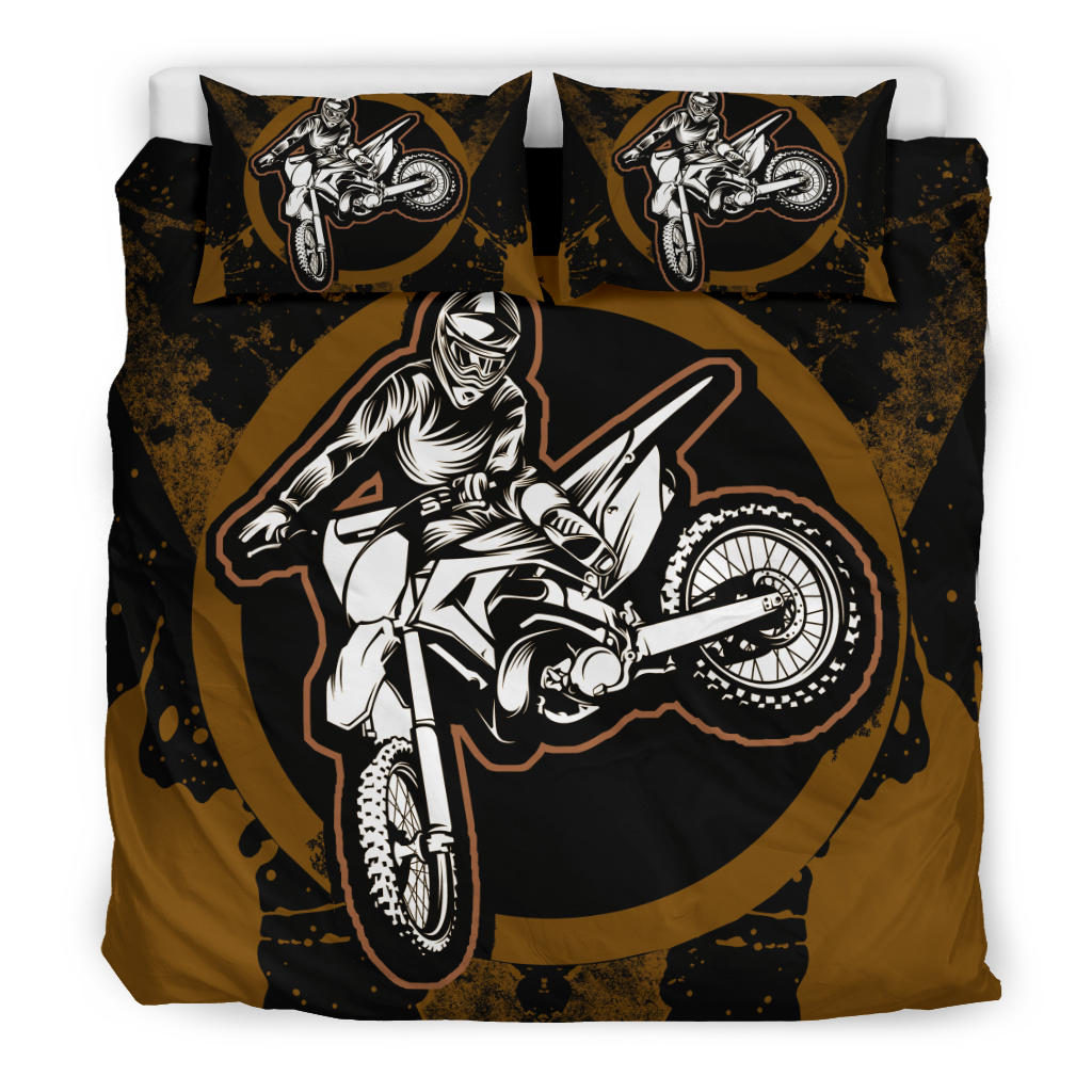 Motorcycle Bedding Set Motocross Biker Silhouette Pattern Duvet Covers Black Brown Unique Gift