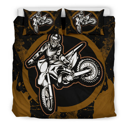 Motorcycle Bedding Set Motocross Biker Silhouette Pattern Duvet Covers Black Brown Unique Gift