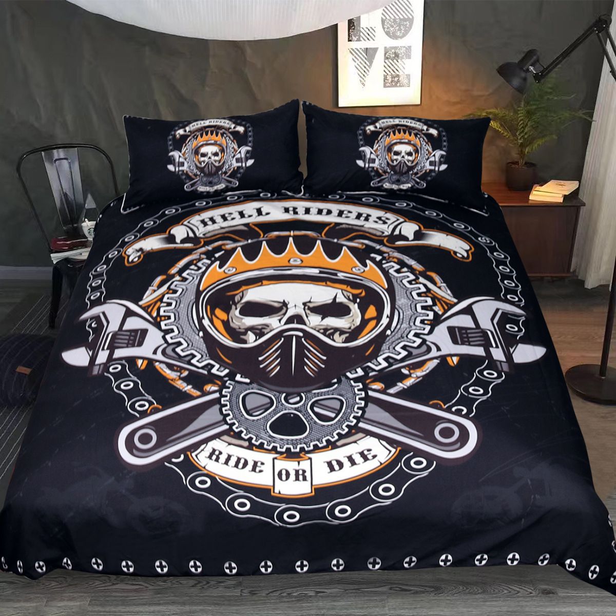 Motorcycle Bedding Set Hell Riders Ride Or Die Duvet Covers Black Unique Gift