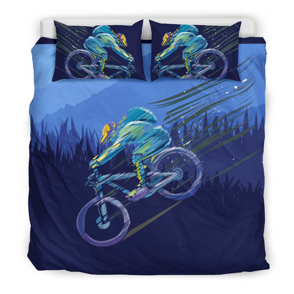 Bicycle Bedding Set Mountain Bike Downhill Forest Pattern Duvet Covers Blue Unique Gift