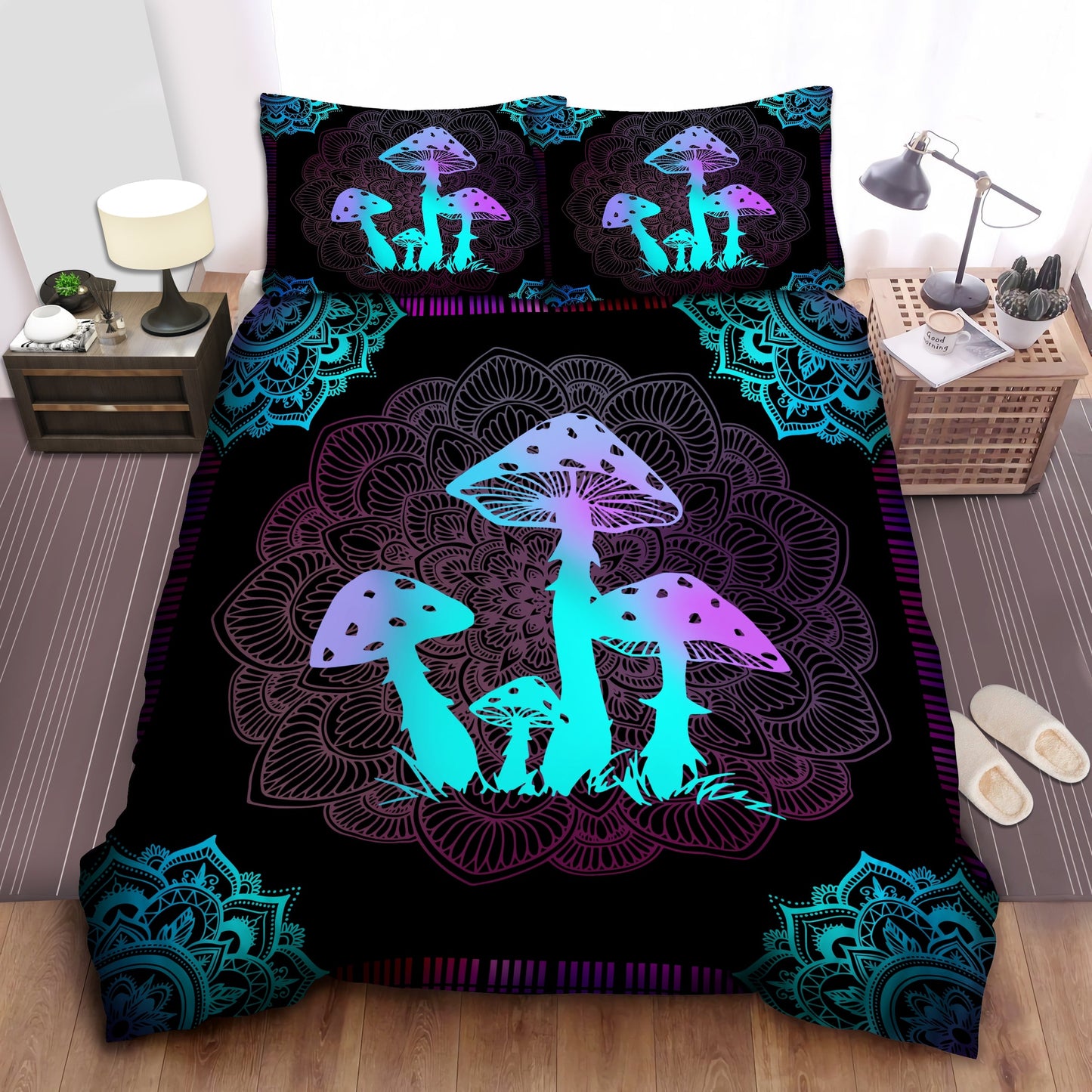 Mushroom Bedding Set Mushroom Mandala Style Art Duvet Covers Black Blue Unique Gift