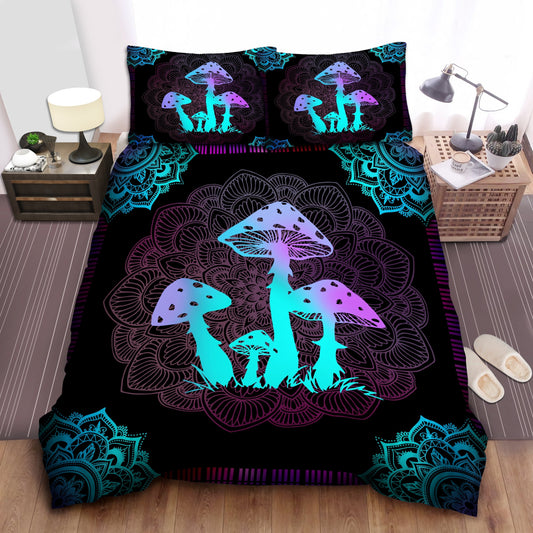 Mushroom Bedding Set Mushroom Mandala Style Art Duvet Covers Black Blue Unique Gift