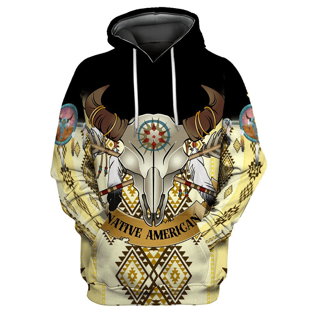 Native American Hoodie Native American Bull Skull Tribal Pattern Hoodie Black Yellow Unisex