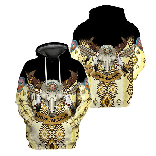 Native American Hoodie Native American Bull Skull Tribal Pattern Hoodie Black Yellow Unisex