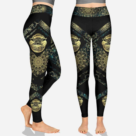 SW Leggings Baby Yoda Mandala Pattern High Waisted Legging Black Yellow For Women