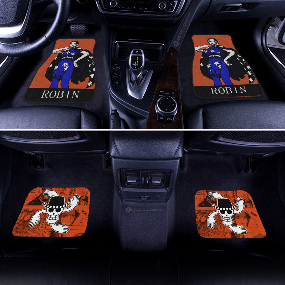 One Piece Car Mats Cool Nico Robin Graphic Manga Pattern Jolly Roger Symbol Car Floor Mats Orange Blue