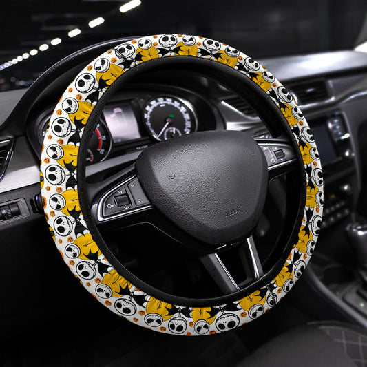 TNBC Steering Wheel Cover Jack Skellington Pumpkin Pattern Driving Wheel Cover Yellow White