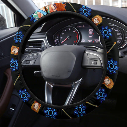 One Piece Steering Wheel Cover Nami Graphic Weapon Pattern Driving Wheel Cover Black Blue