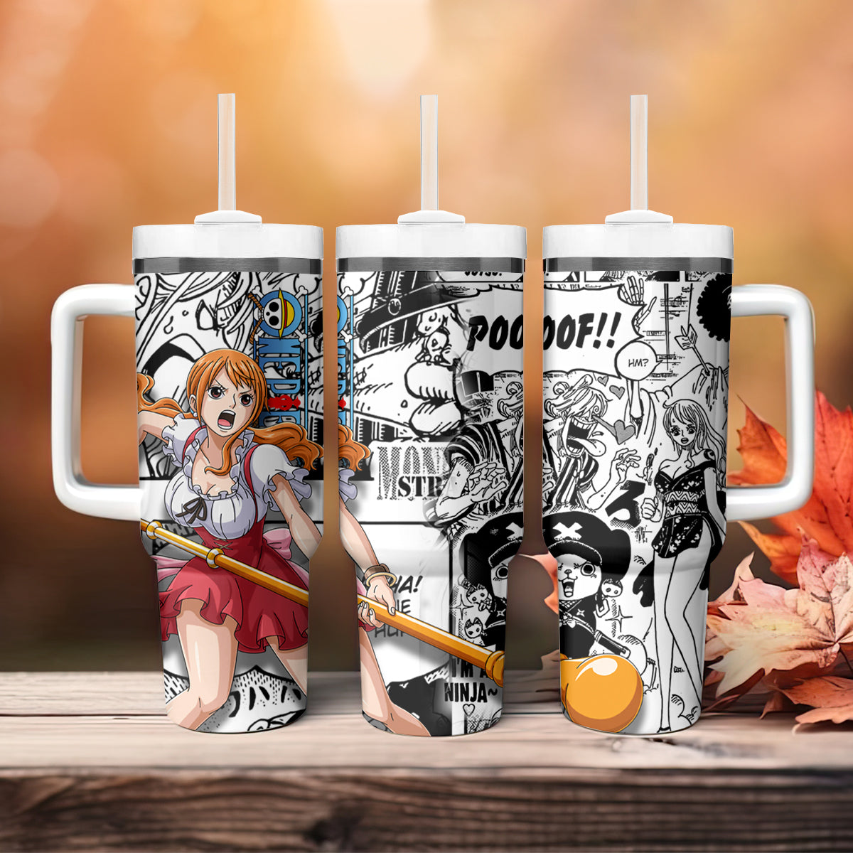 One Piece 40 Oz Tumbler Nami Fighting Pose Manga Pattern Tumbler 40 Oz White