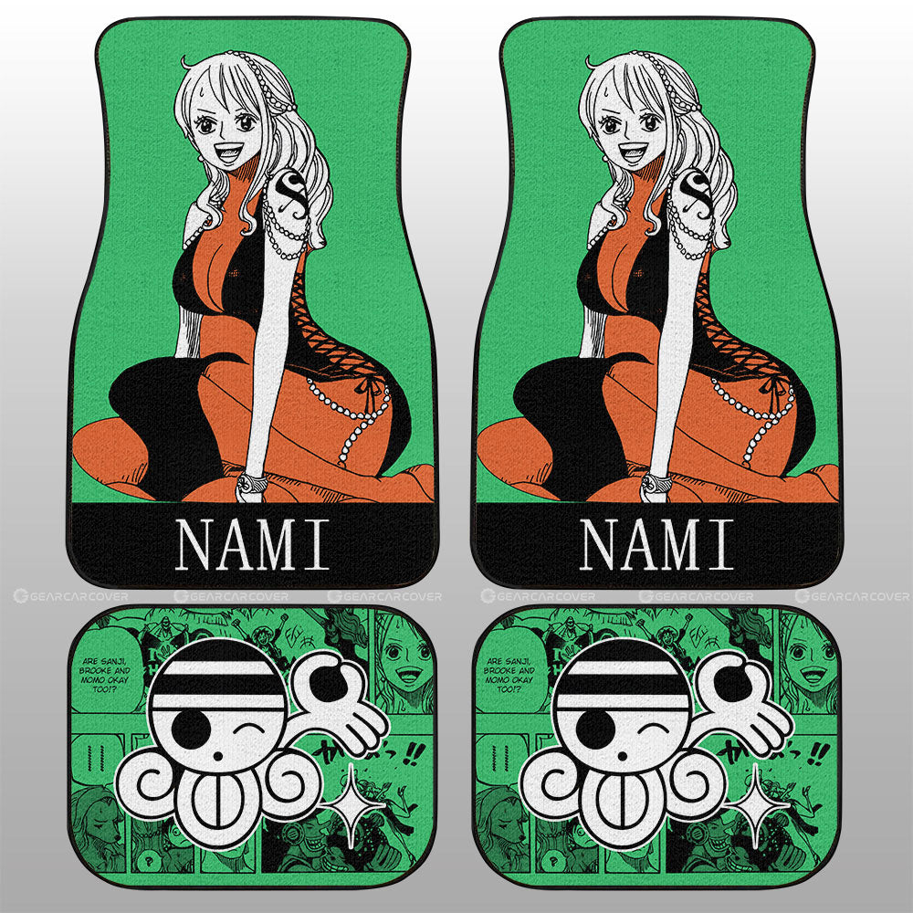 One Piece Car Mats Pretty Nami Graphic Manga Pattern Jolly Roger Symbol Car Floor Mats Green Orange