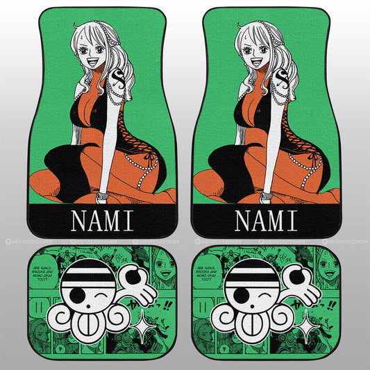 One Piece Car Mats Pretty Nami Graphic Manga Pattern Jolly Roger Symbol Car Floor Mats Green Orange