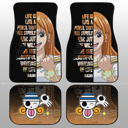 One Piece Car Mats Nami Quote Half Face Jolly Roger Symbol Car Floor Mats Black Orange