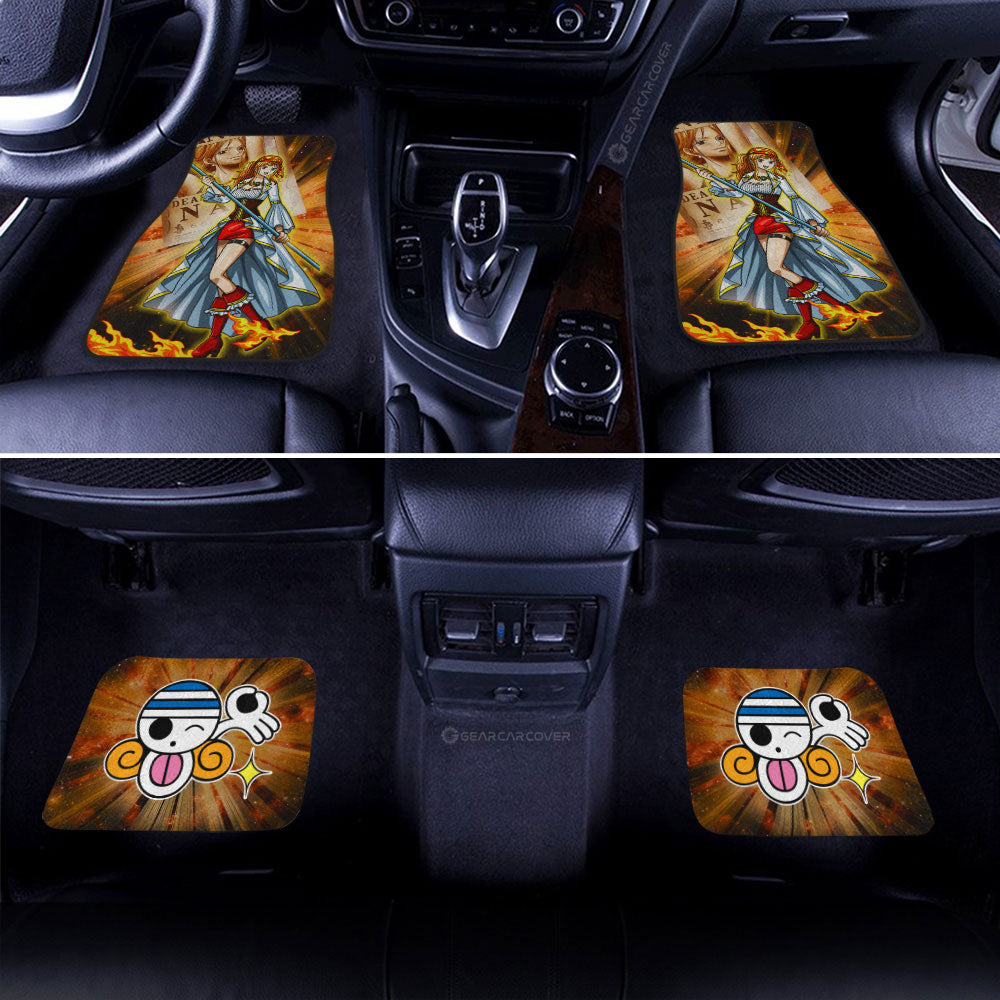 One Piece Car Mats Nami And Wanted Poster Graphic Jolly Roger Symbol Car Floor Mats Orange