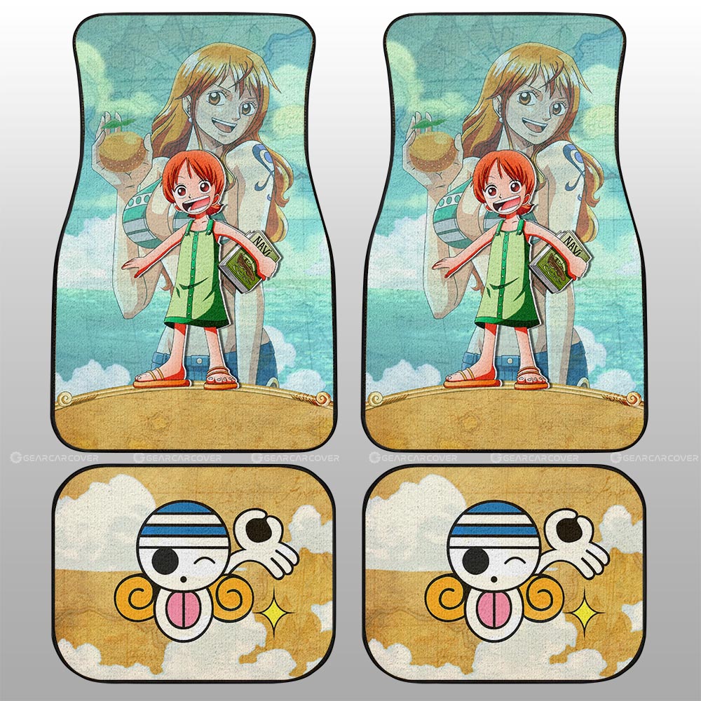 One Piece Car Mats Cute Young Nami Graphic Jolly Roger Symbol Car Floor Mats Yellow Blue