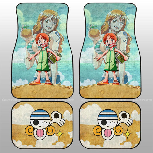 One Piece Car Mats Cute Young Nami Graphic Jolly Roger Symbol Car Floor Mats Yellow Blue
