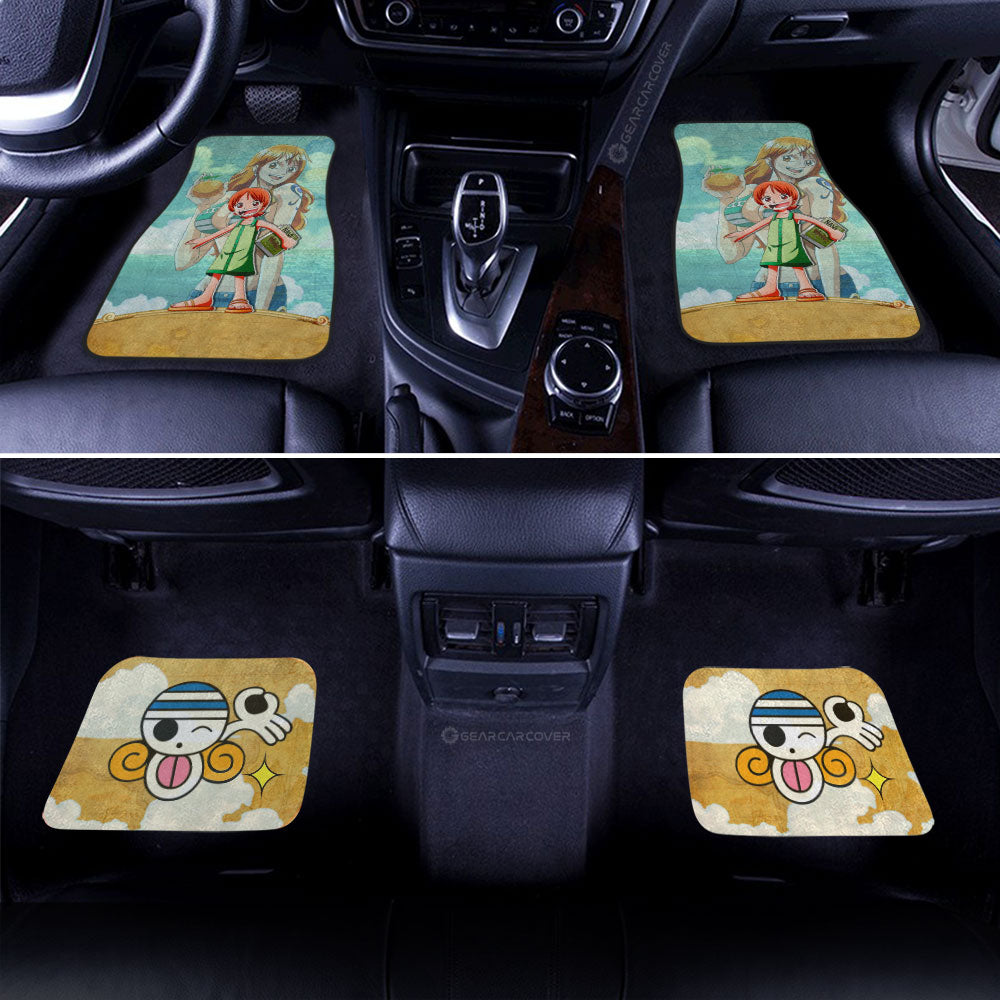 One Piece Car Mats Cute Young Nami Graphic Jolly Roger Symbol Car Floor Mats Yellow Blue