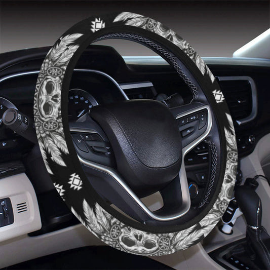 Native America Steering Wheel Cover Native American Skull With Feathers Driving Wheel Cover Black White