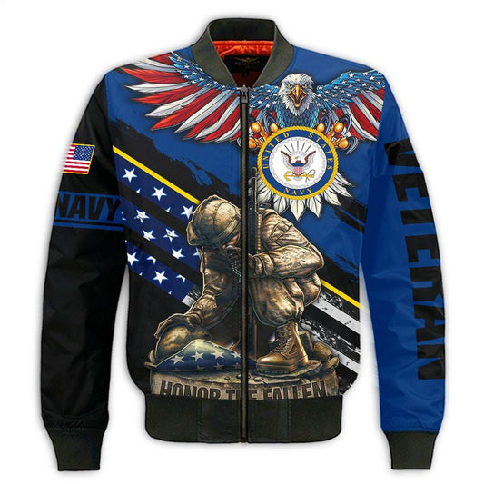 Veteran Bomber Jacket Navy Veteran Honor The Fallen Soldier Bomber Black Blue Unisex