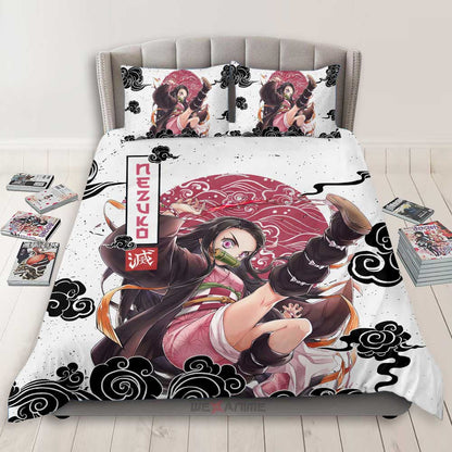 Demon Slayer Bedding Set Nezuko Kamado Fighting Scene Duvet Covers Pink White Unique Gift