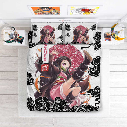 Demon Slayer Bedding Set Nezuko Kamado Fighting Scene Duvet Covers Pink White Unique Gift