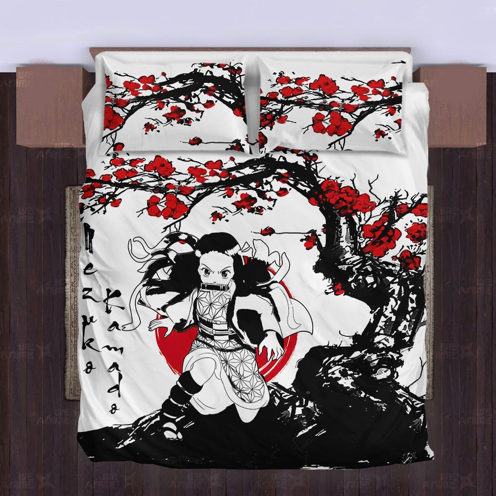 Demon Slayer Bedding Set Nezuko Kamado Cherry Blossom Duvet Covers Black White Unique Gift