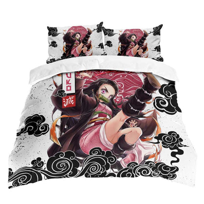 Demon Slayer Bedding Set Nezuko Kamado Fighting Scene Duvet Covers Pink White Unique Gift