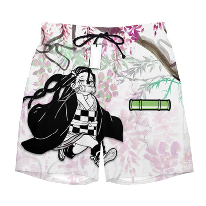 Demon Slayer Shorts Nezuko Graphic Wisteria Flower Beach Shorts Black Pink